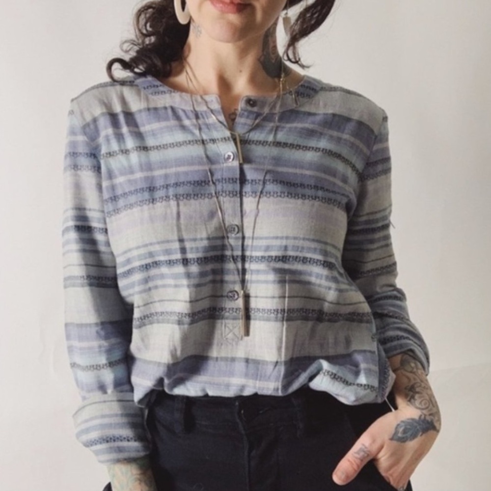 J. Jill Aztec Gray Blue Stripe Popover Half Button Blouse Top 100% Cotton Medium
